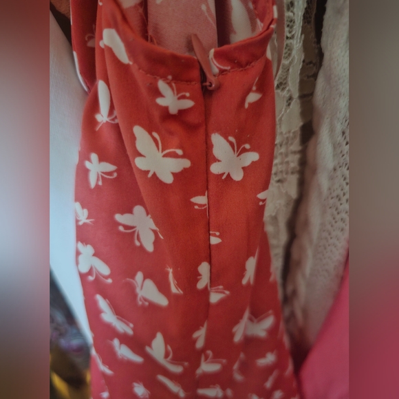 Rose pink white butterfly printed palette tip tie bow sleeveless shirt women's S - Picture 7 of 7